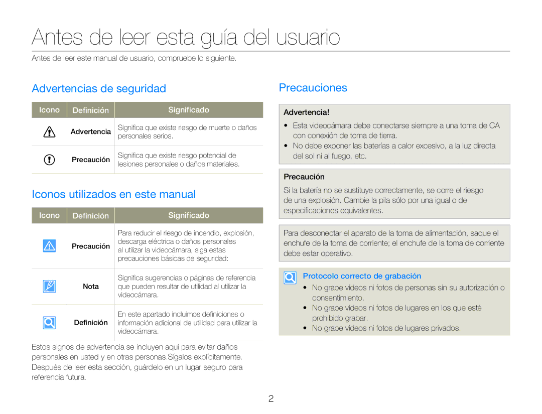 Samsung HMX-QF20BP/EDC Antes de leer esta guía del usuario, Advertencias de seguridad, Iconos utilizados en este manual 