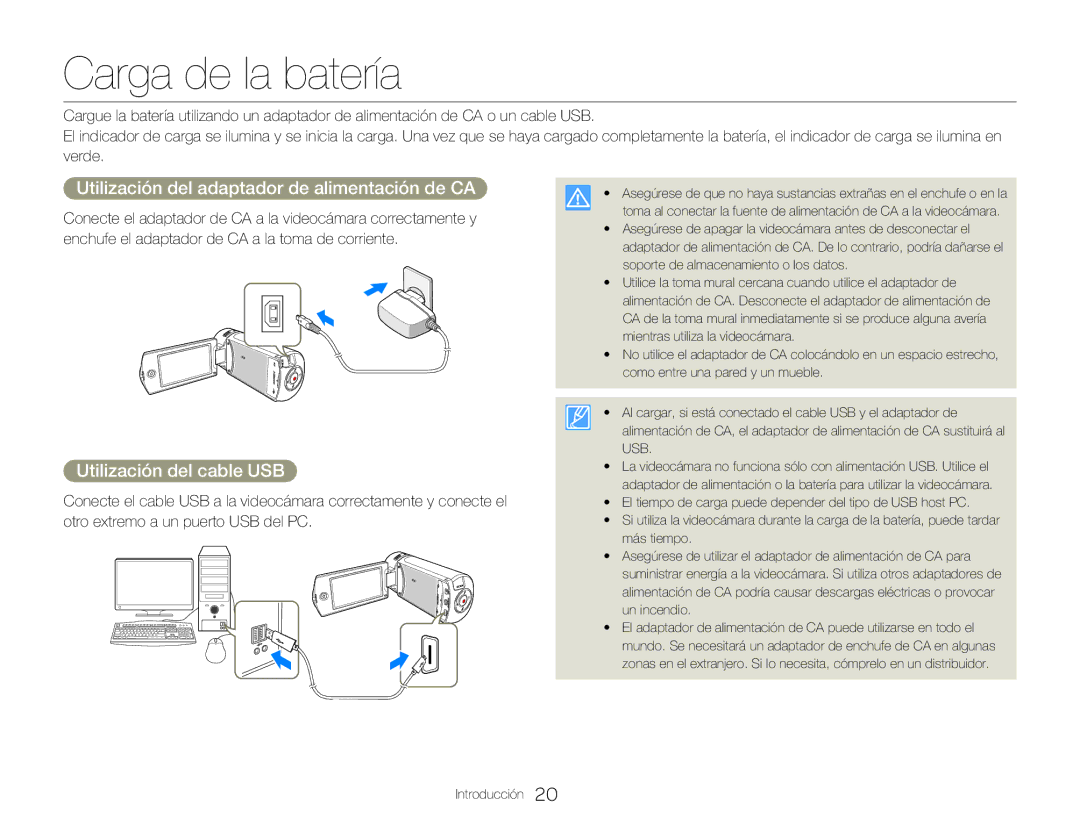 Samsung HMX-QF20BP/EDC Carga de la batería, Utilización del adaptador de alimentación de CA, Utilización del cable USB 