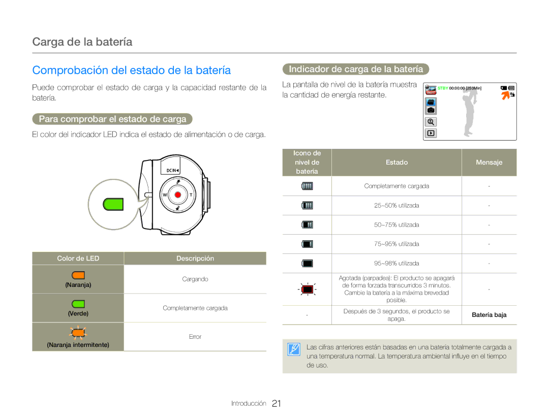 Samsung HMX-Q20BP/EDC manual Carga de la batería, Comprobación del estado de la batería, Indicador de carga de la batería 