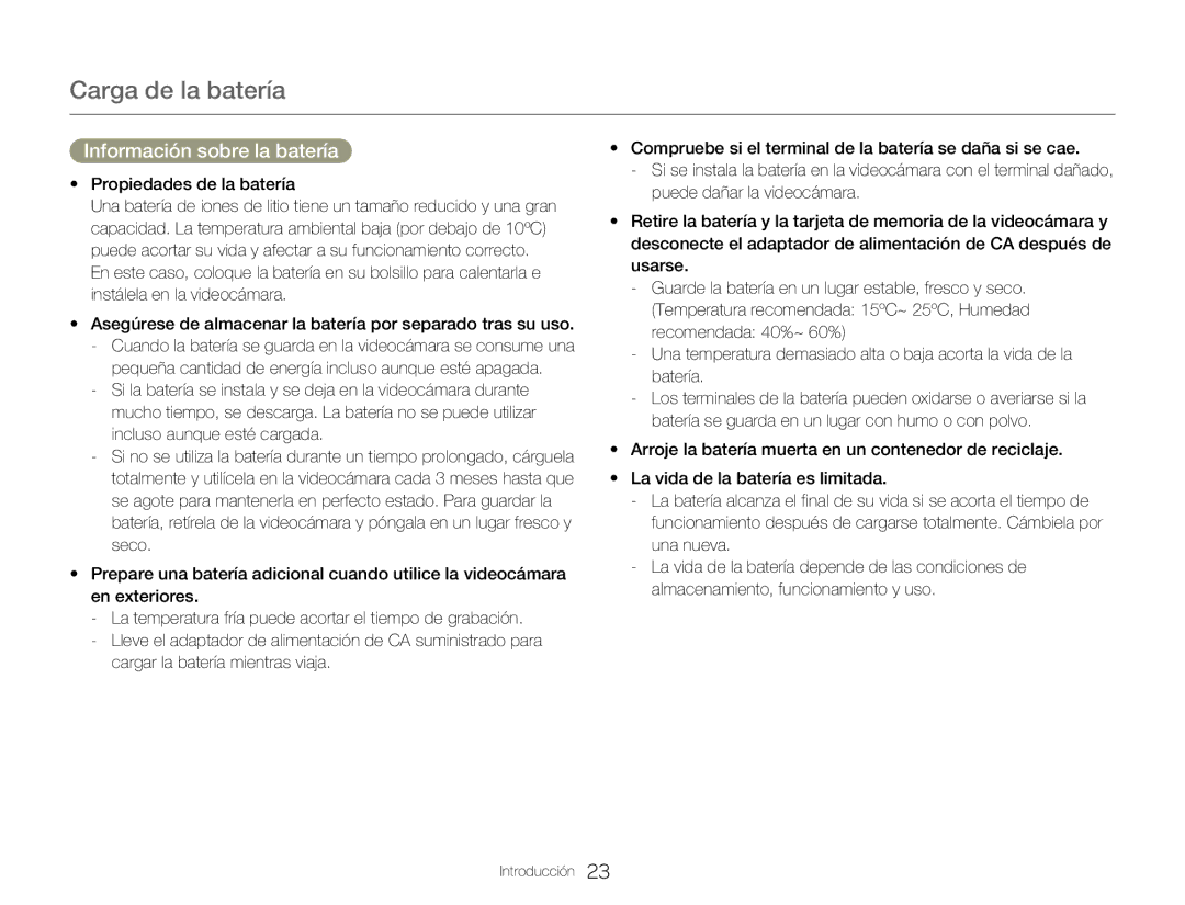 Samsung HMX-Q20BP/EDC, HMX-QF20BP/EDC manual Información sobre la batería, Propiedades de la batería 