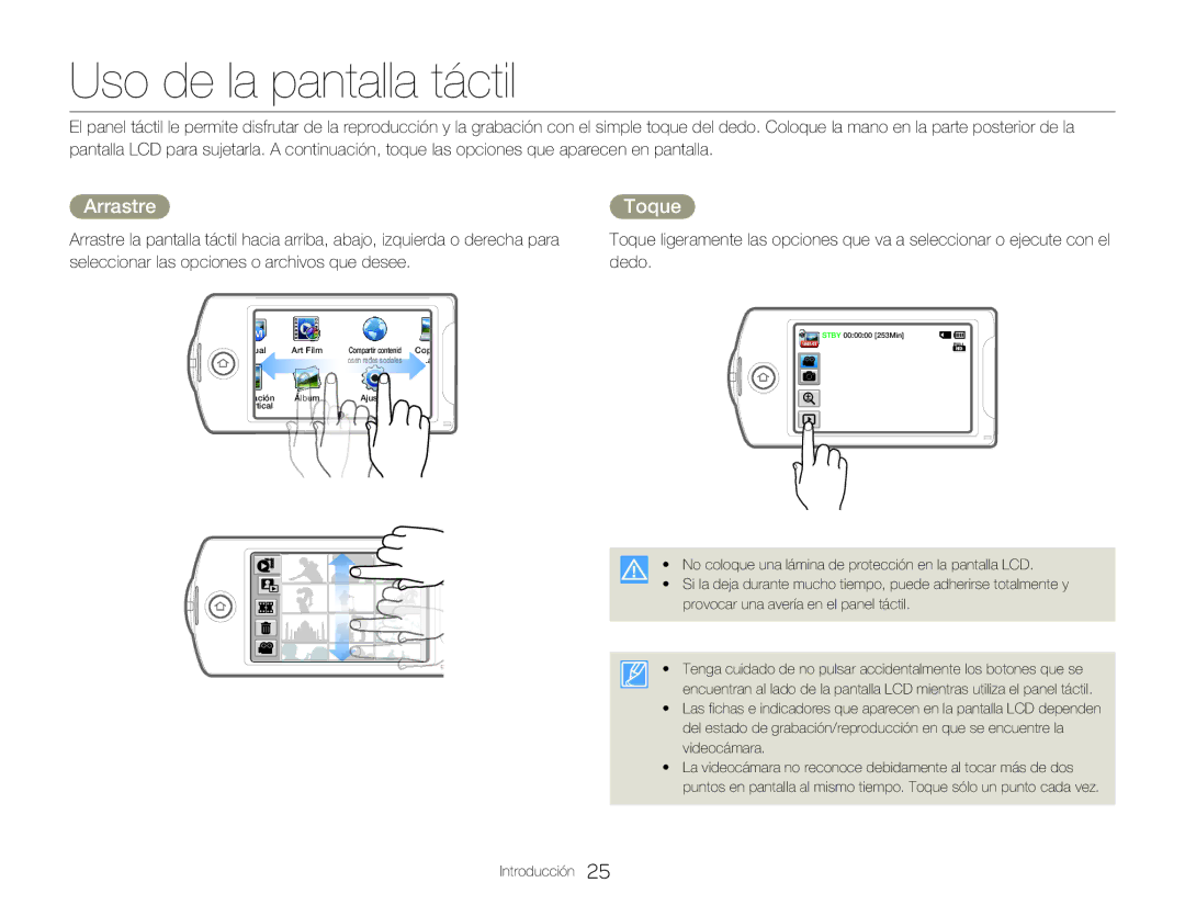 Samsung HMX-Q20BP/EDC, HMX-QF20BP/EDC manual Uso de la pantalla táctil, Arrastre, Toque 