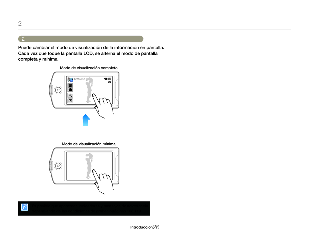 Samsung HMX-QF20BP/EDC, HMX-Q20BP/EDC manual Uso de la pantalla táctil, Cambio del modo de visualización de información 