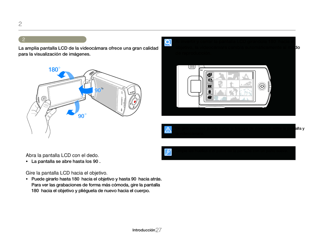 Samsung HMX-Q20BP/EDC Ajuste de la pantalla LCD, Abra la pantalla LCD con el dedo, Gire la pantalla LCD hacia el objetivo 