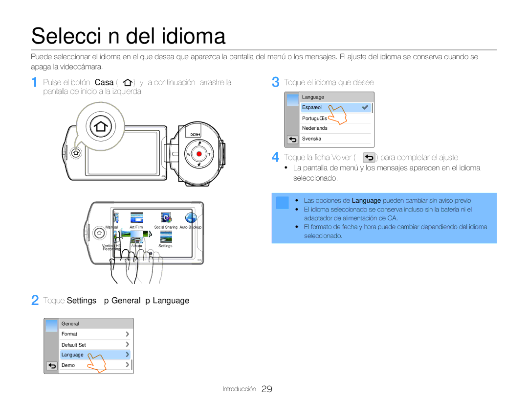 Samsung HMX-Q20BP/EDC, HMX-QF20BP/EDC manual Selección del idioma, Toque la ficha Volver para completar el ajuste 