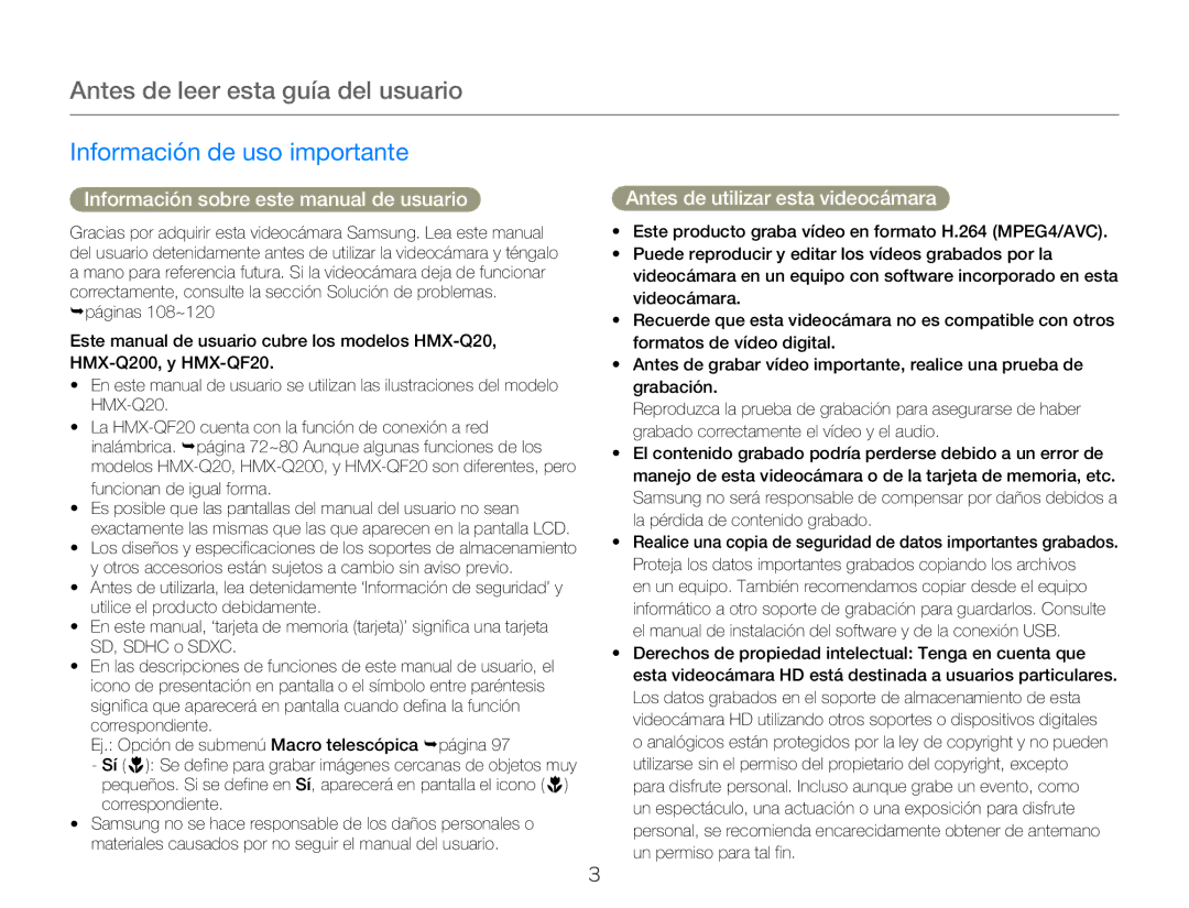 Samsung HMX-Q20BP/EDC manual Antes de leer esta guía del usuario, Información de uso importante, Funcionan de igual forma 