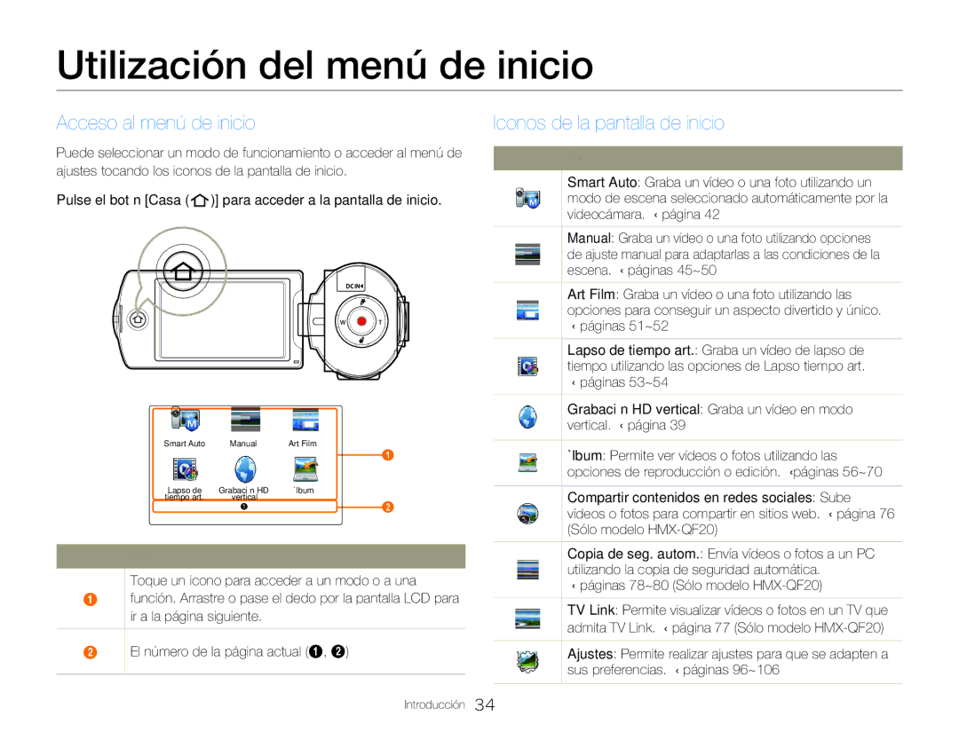 Samsung HMX-QF20BP/EDC manual Utilización del menú de inicio, Acceso al menú de inicio, Iconos de la pantalla de inicio 