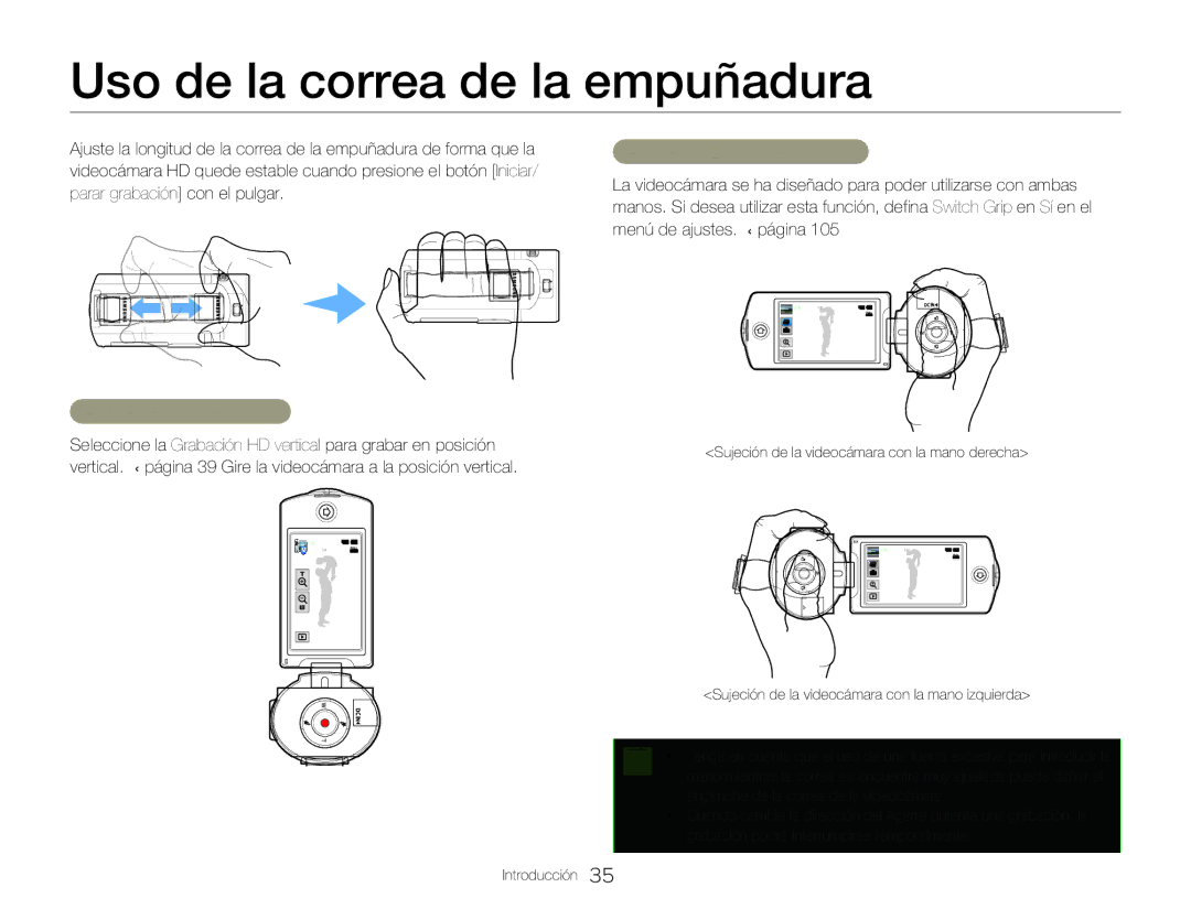 Samsung HMX-Q20BP/EDC, HMX-QF20BP/EDC Uso de la correa de la empuñadura, Agarre vertical de 90˚, Agarre horizontal de 180˚ 