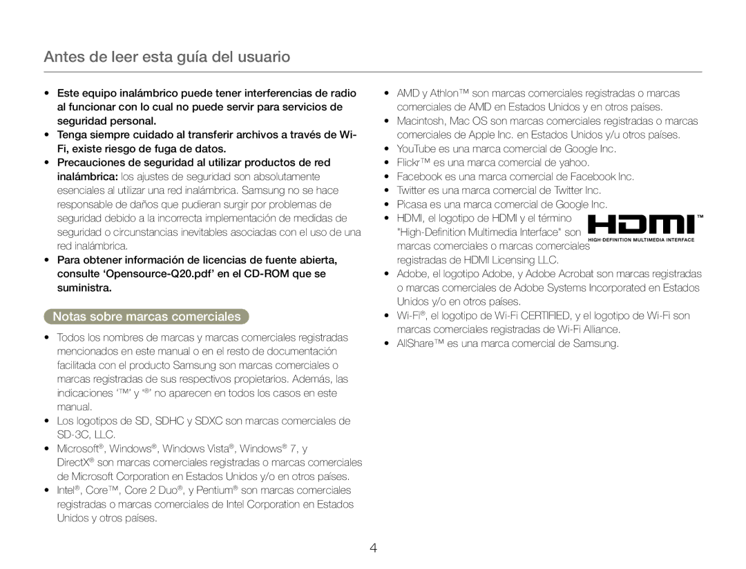 Samsung HMX-QF20BP/EDC, HMX-Q20BP/EDC manual Notas sobre marcas comerciales 