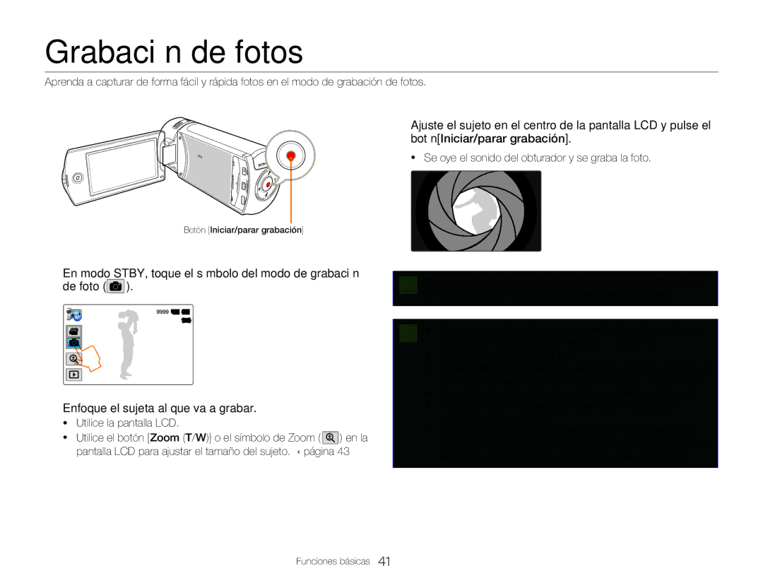 Samsung HMX-Q20BP/EDC, HMX-QF20BP/EDC manual Grabación de fotos, Se oye el sonido del obturador y se graba la foto 