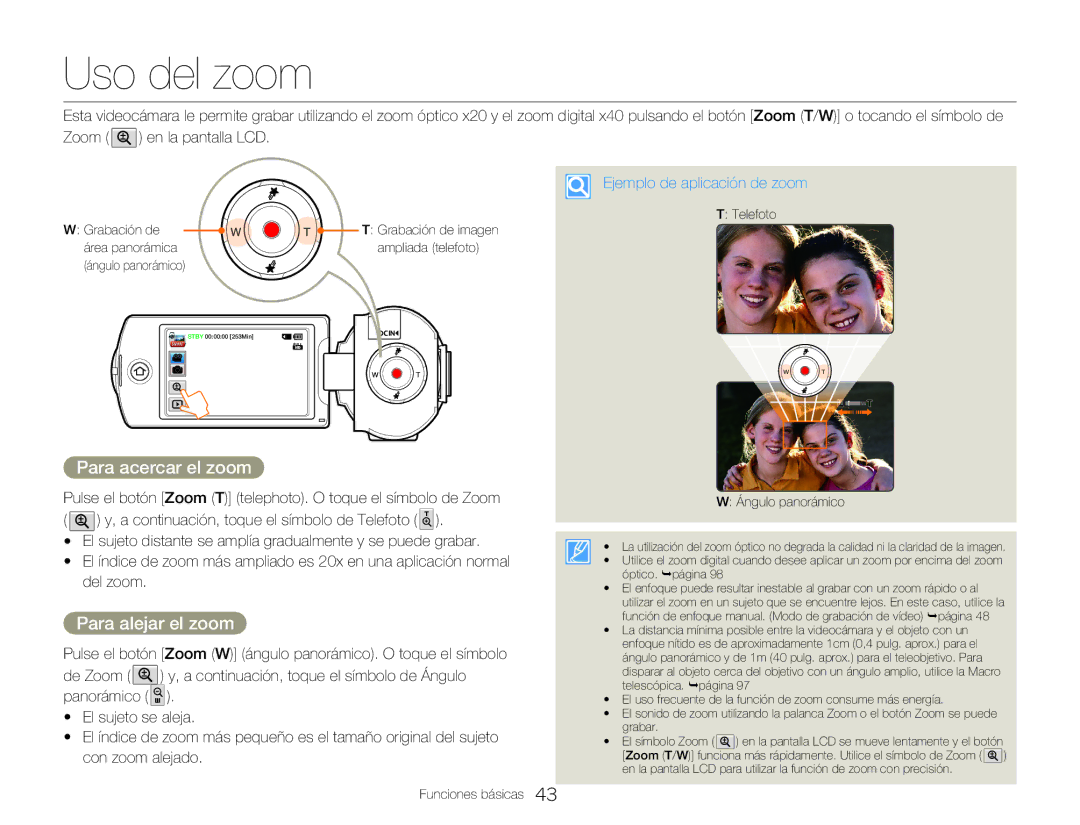 Samsung HMX-Q20BP/EDC manual Uso del zoom, Para acercar el zoom, Para alejar el zoom, Ejemplo de aplicación de zoom 