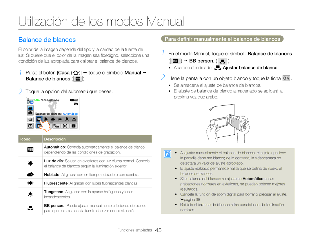 Samsung HMX-Q20BP/EDC Utilización de los modos Manual, Balance de blancos, Para definir manualmente el balance de blancos 