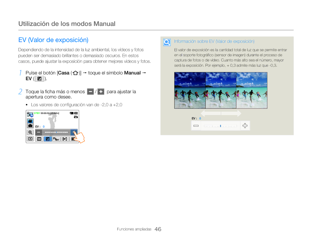 Samsung HMX-QF20BP/EDC, HMX-Q20BP/EDC manual Utilización de los modos Manual, Información sobre EV Valor de exposición 