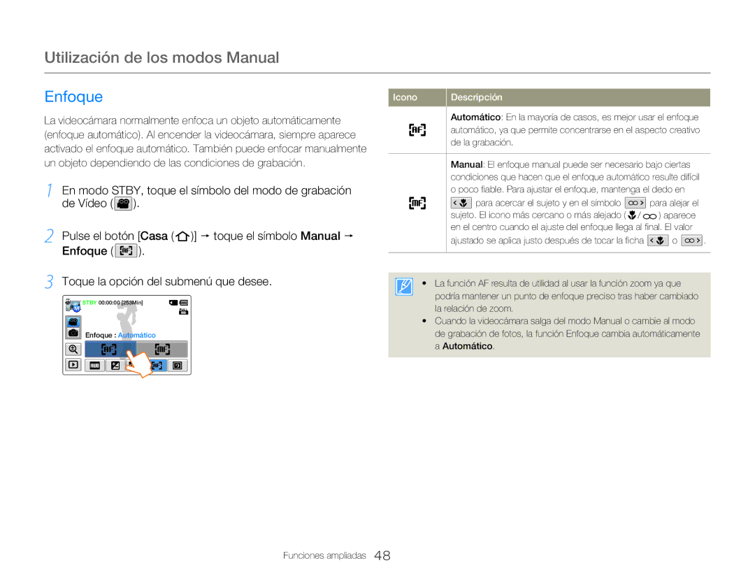 Samsung HMX-QF20BP/EDC, HMX-Q20BP/EDC manual Enfoque Toque la opción del submenú que desee 