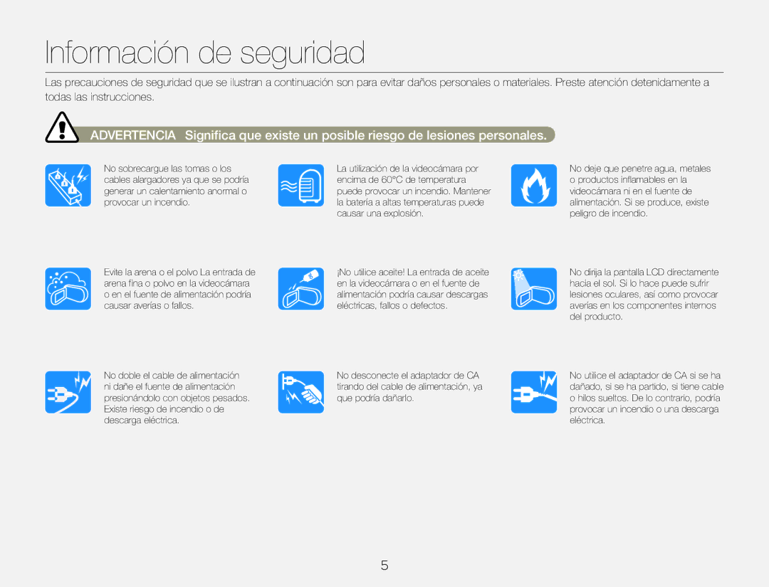 Samsung HMX-Q20BP/EDC, HMX-QF20BP/EDC manual Información de seguridad 