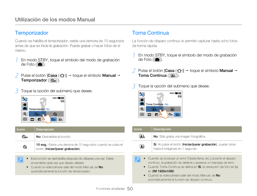 Samsung HMX-QF20BP/EDC, HMX-Q20BP/EDC manual Toma Continua, Temporizador Toque la opción del submenú que desee 