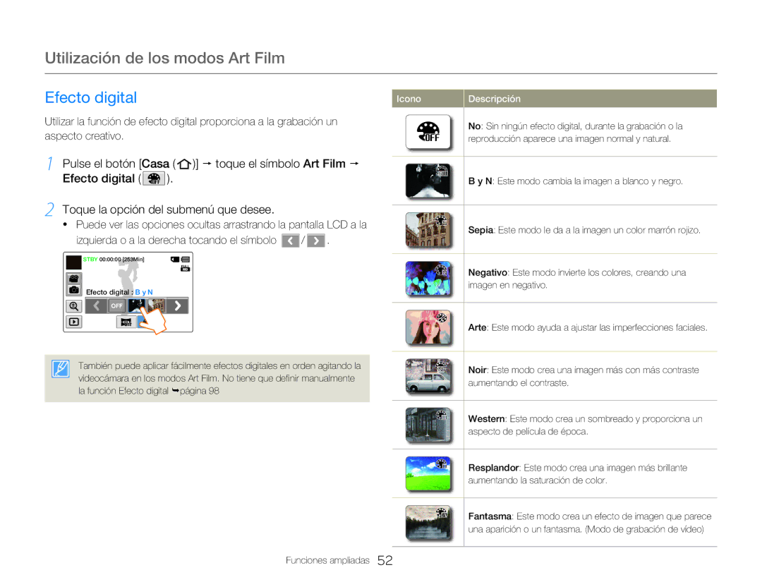 Samsung HMX-QF20BP/EDC, HMX-Q20BP/EDC manual Utilización de los modos Art Film, Efecto digital, Aspecto creativo 