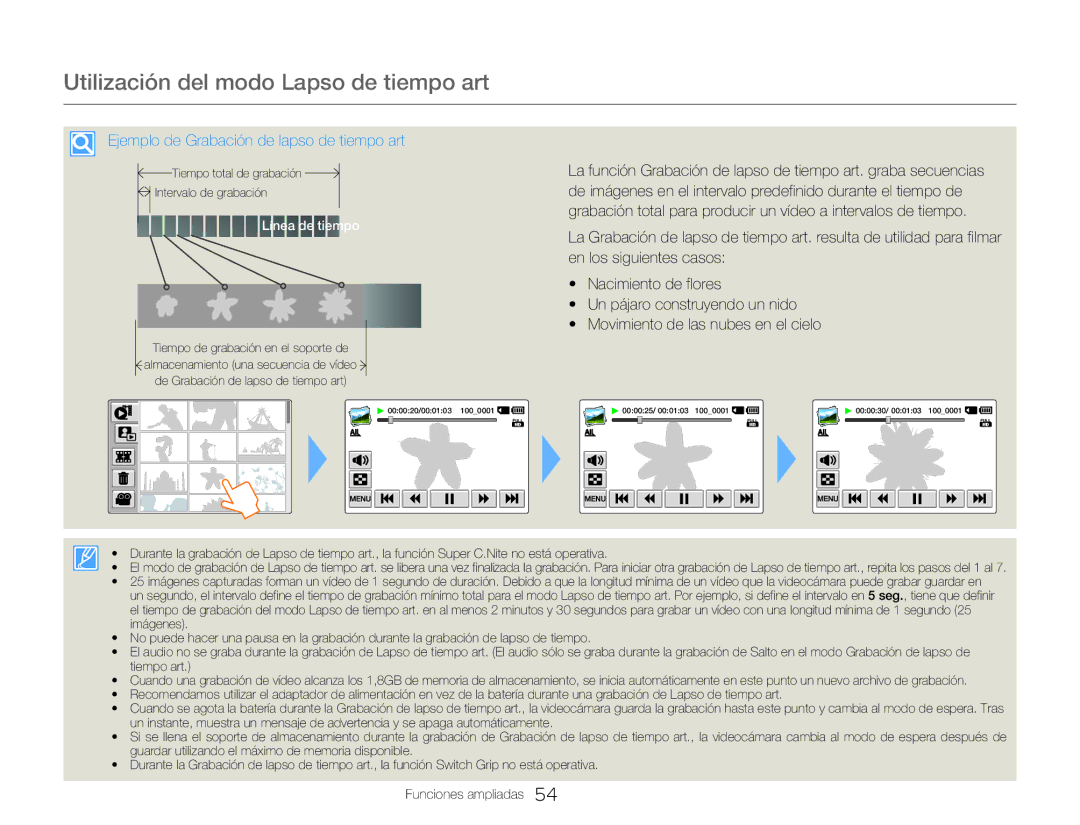 Samsung HMX-QF20BP/EDC manual Utilización del modo Lapso de tiempo art, Ejemplo de Grabación de lapso de tiempo art 