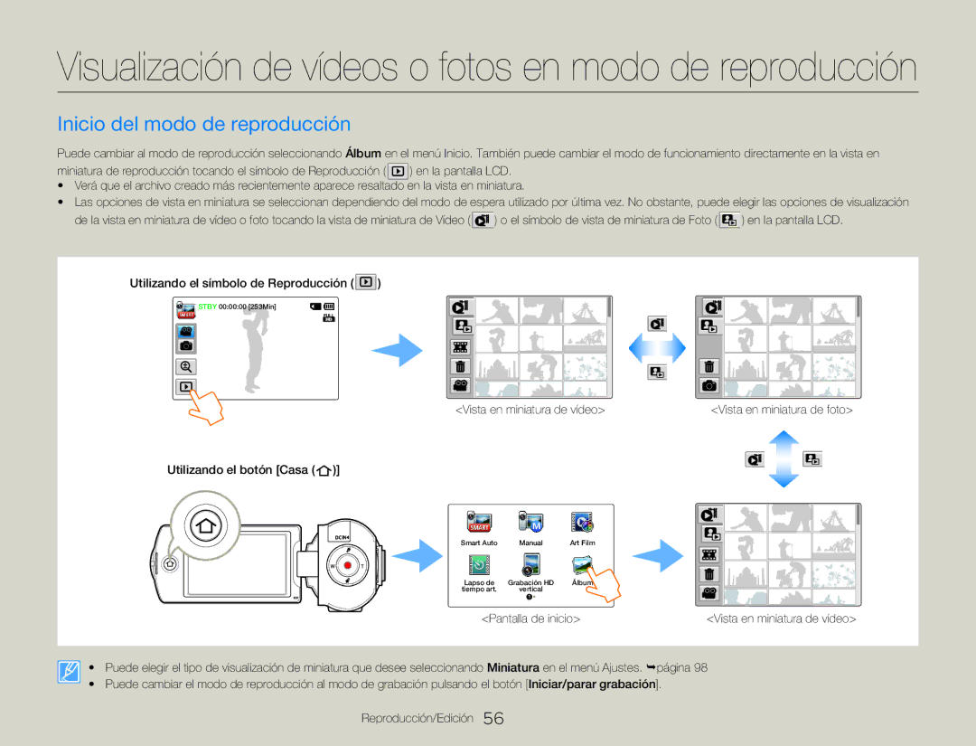 Samsung HMX-QF20BP/EDC manual Visualización de vídeos o fotos en modo de reproducción, Inicio del modo de reproducción 