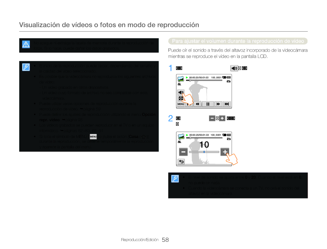 Samsung HMX-QF20BP/EDC Para ajustar el volumen durante la reproducción de vídeo, Toque la ficha Volumen en la pantalla LCD 