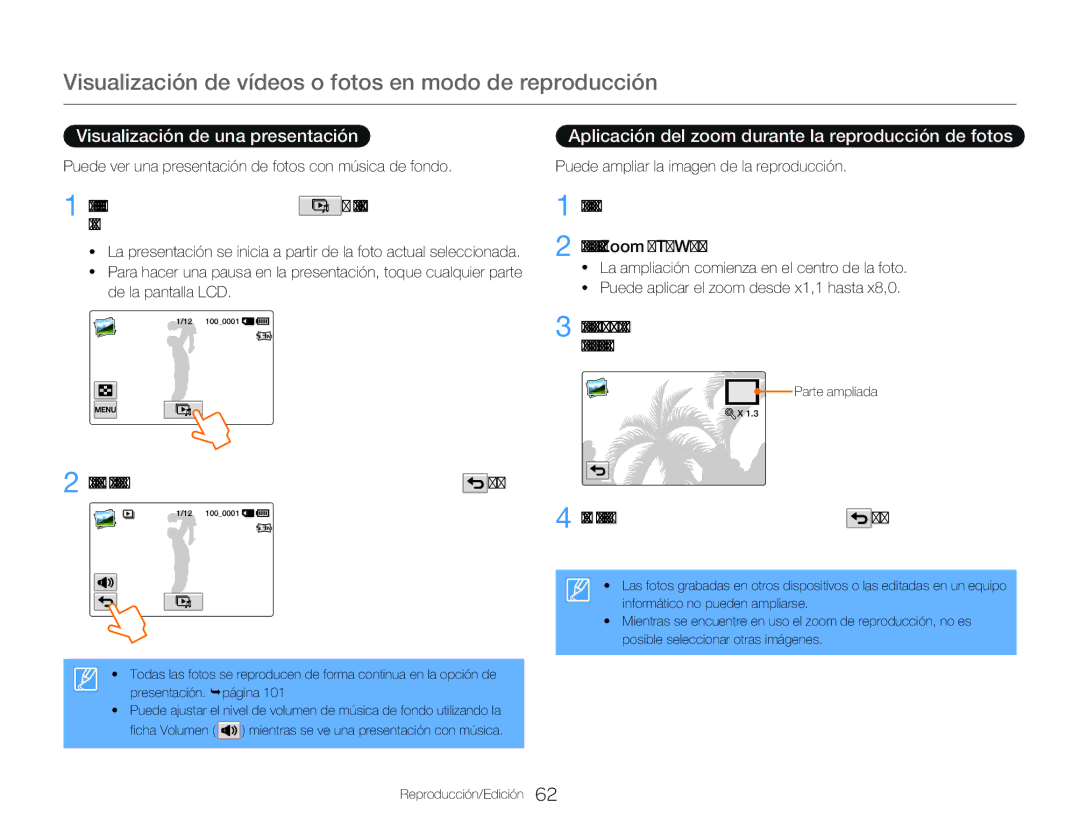 Samsung HMX-QF20BP/EDC manual Para detener la presentación, toque la ficha Volver, Para cancelar, toque la ficha Volver 