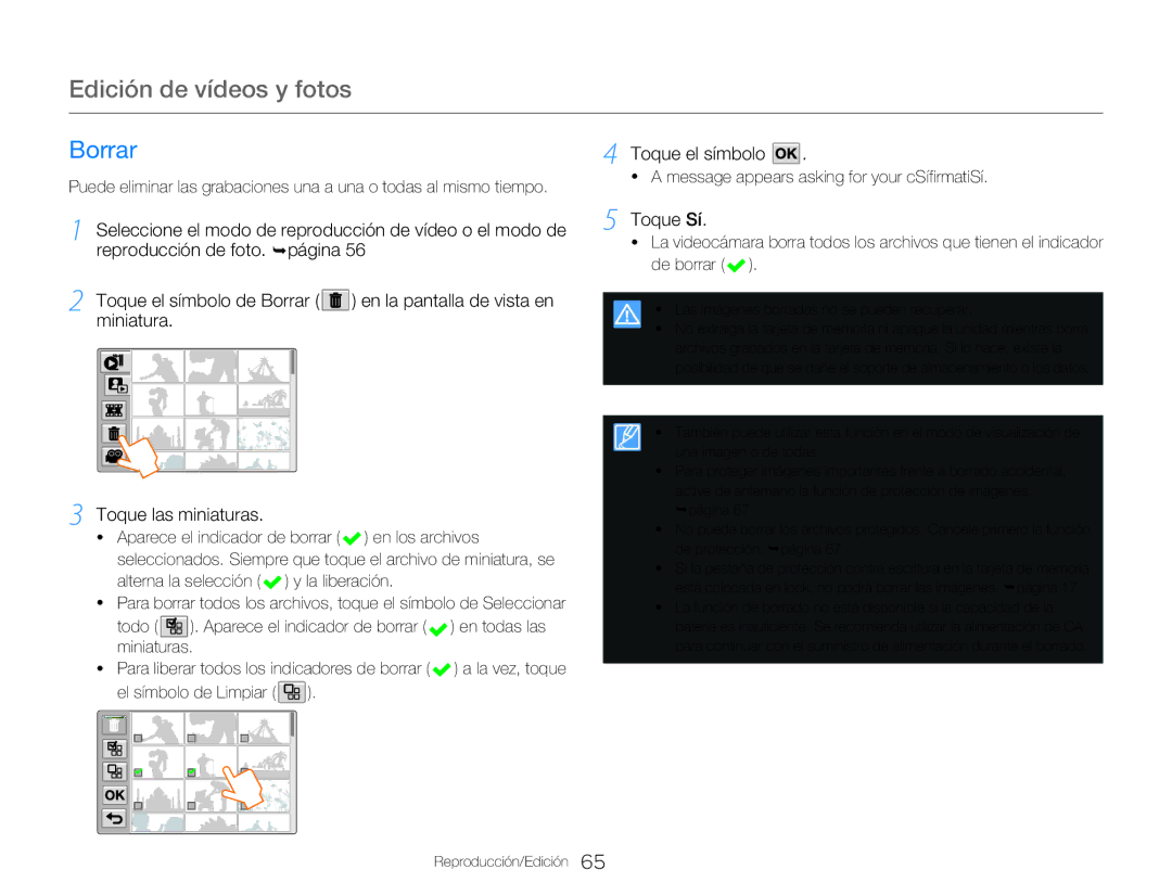 Samsung HMX-Q20BP/EDC, HMX-QF20BP/EDC manual Borrar, Toque el símbolo, Toque Sí, Reproducción de foto. ¬página, De borrar 