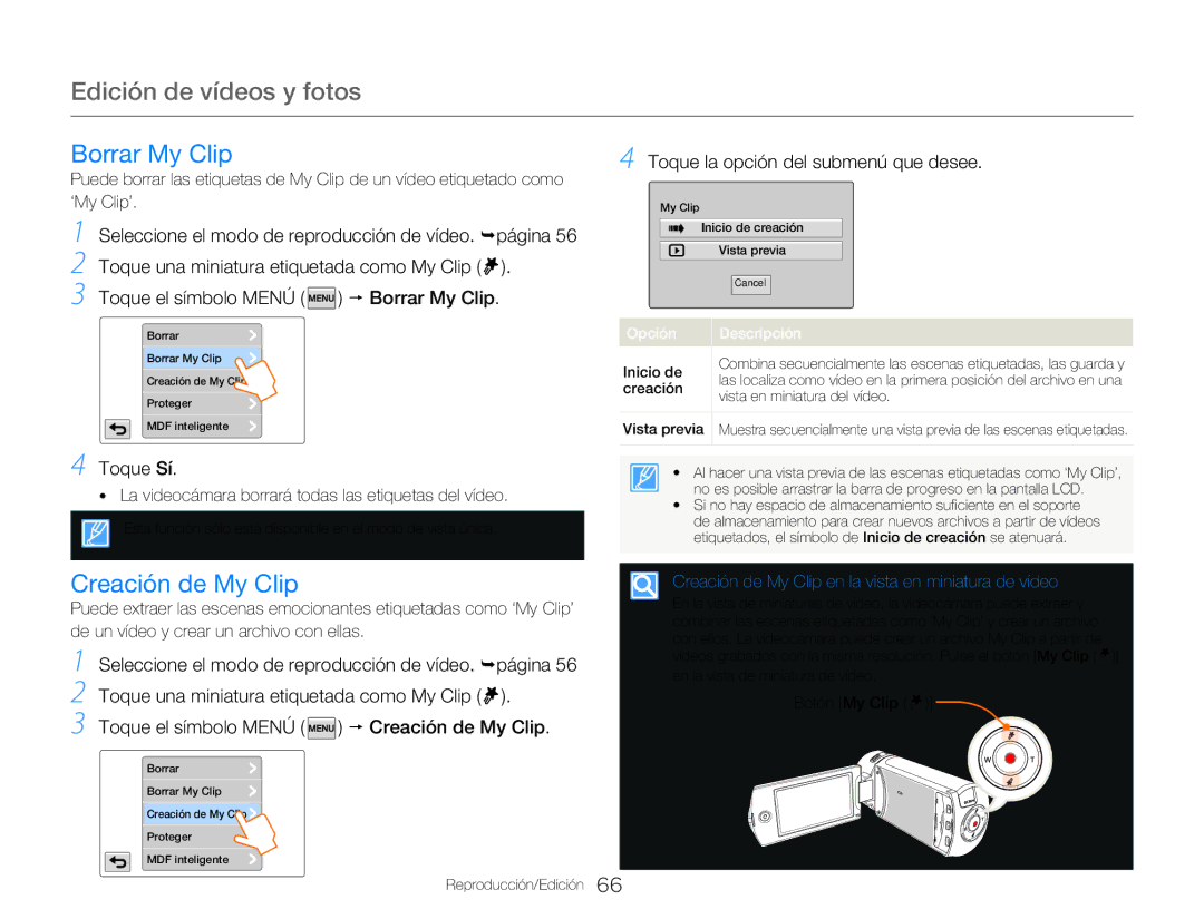 Samsung HMX-QF20BP/EDC manual Borrar My Clip, Creación de My Clip, La videocámara borrará todas las etiquetas del vídeo 