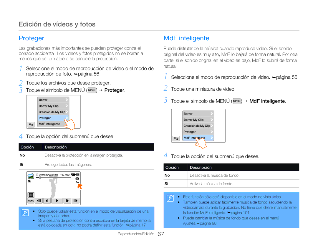 Samsung HMX-Q20BP/EDC, HMX-QF20BP/EDC manual Proteger MdF inteligente, Toque el símbolo de Menú p Proteger 