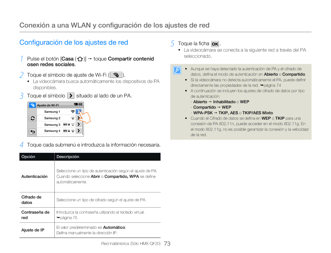 Samsung HMX-Q20BP/EDC manual Conexión a una Wlan y configuración de los ajustes de red, Configuración de los ajustes de red 