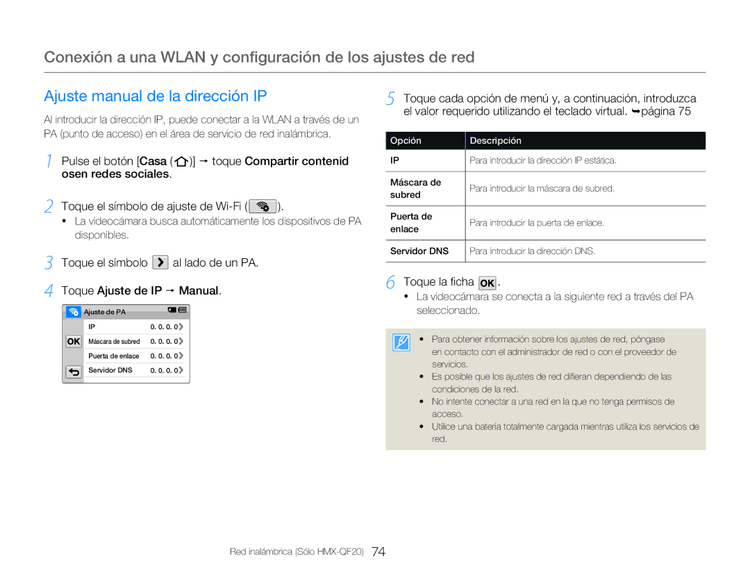 Samsung HMX-QF20BP/EDC, HMX-Q20BP/EDC Ajuste manual de la dirección IP 