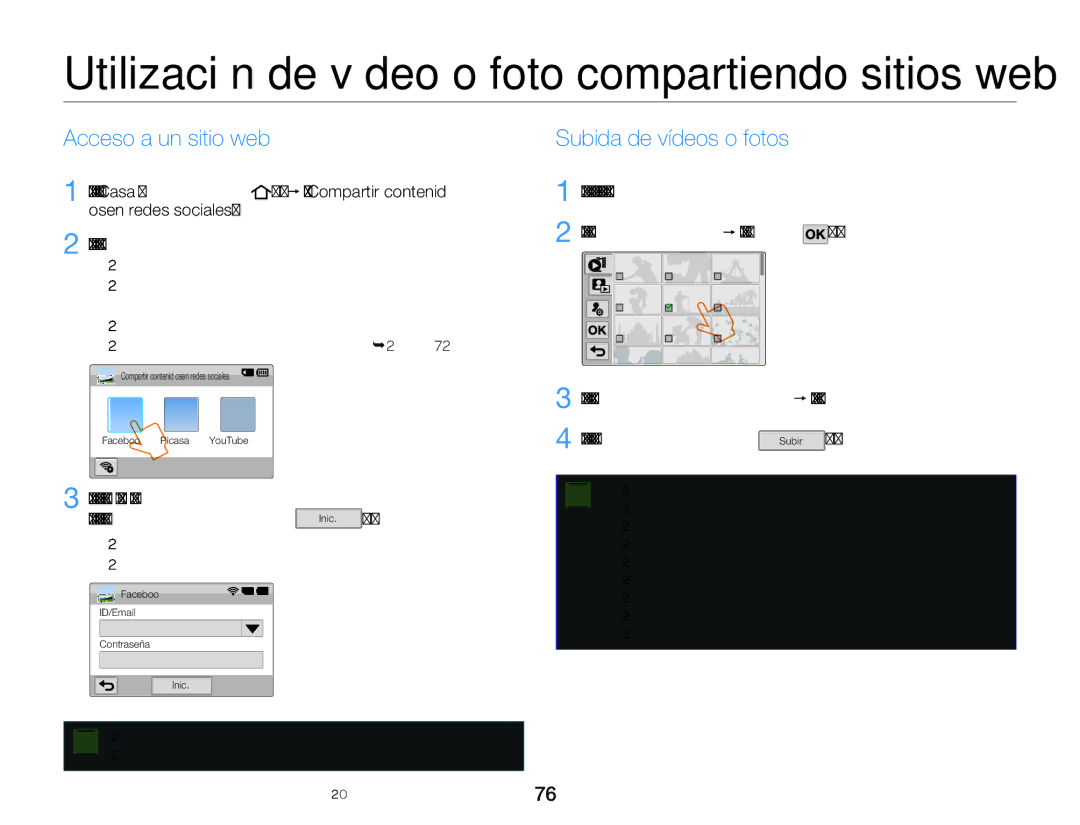 Samsung HMX-QF20BP/EDC, HMX-Q20BP/EDC manual Acceso a un sitio web, Subida de vídeos o fotos 