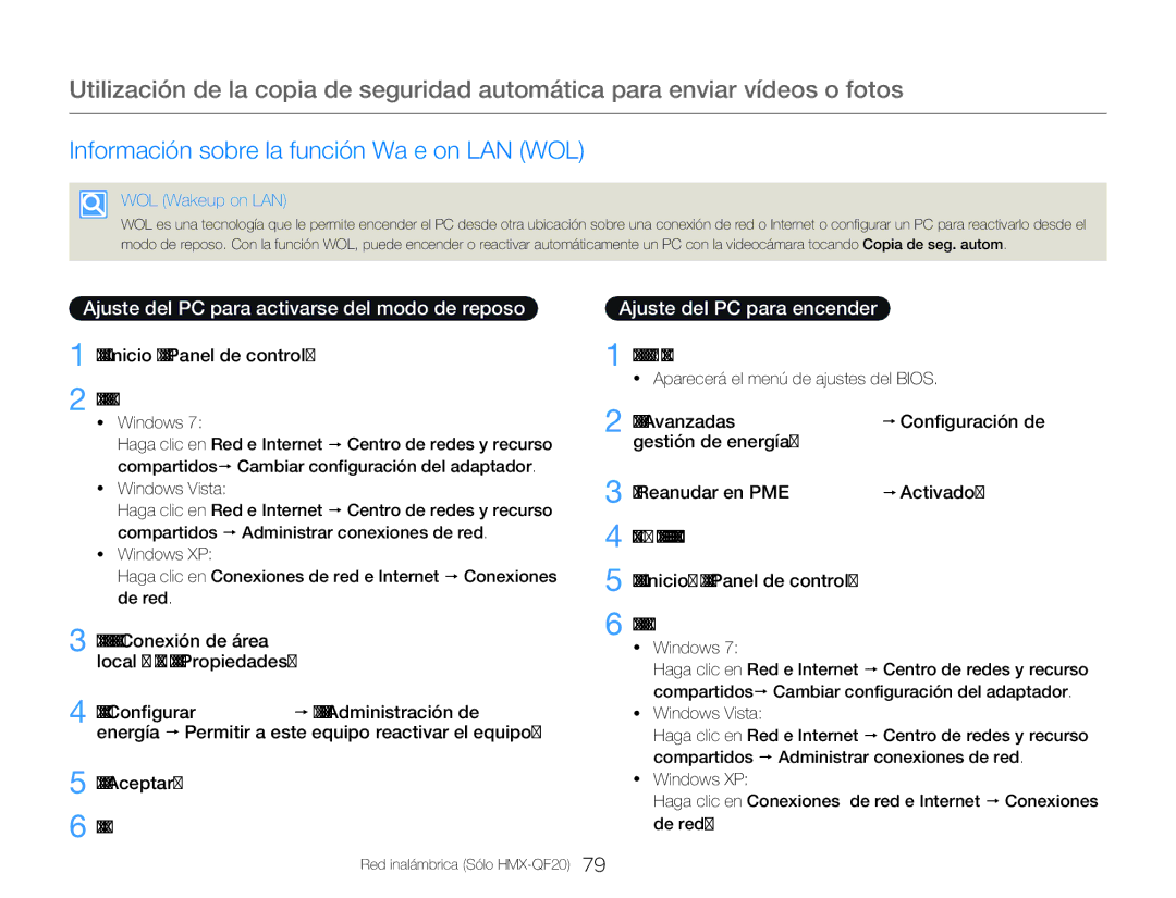 Samsung HMX-Q20BP/EDC, HMX-QF20BP/EDC manual Información sobre la función Wake on LAN WOL 