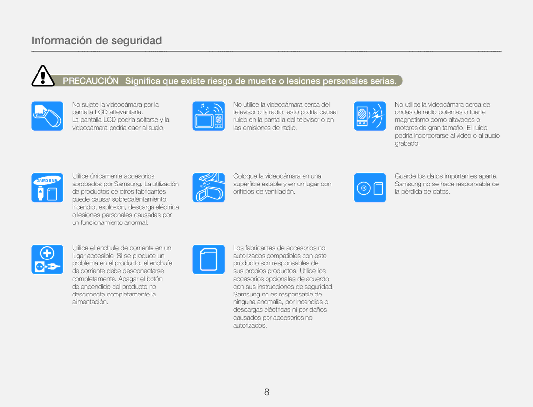 Samsung HMX-QF20BP/EDC, HMX-Q20BP/EDC manual Información de seguridad 