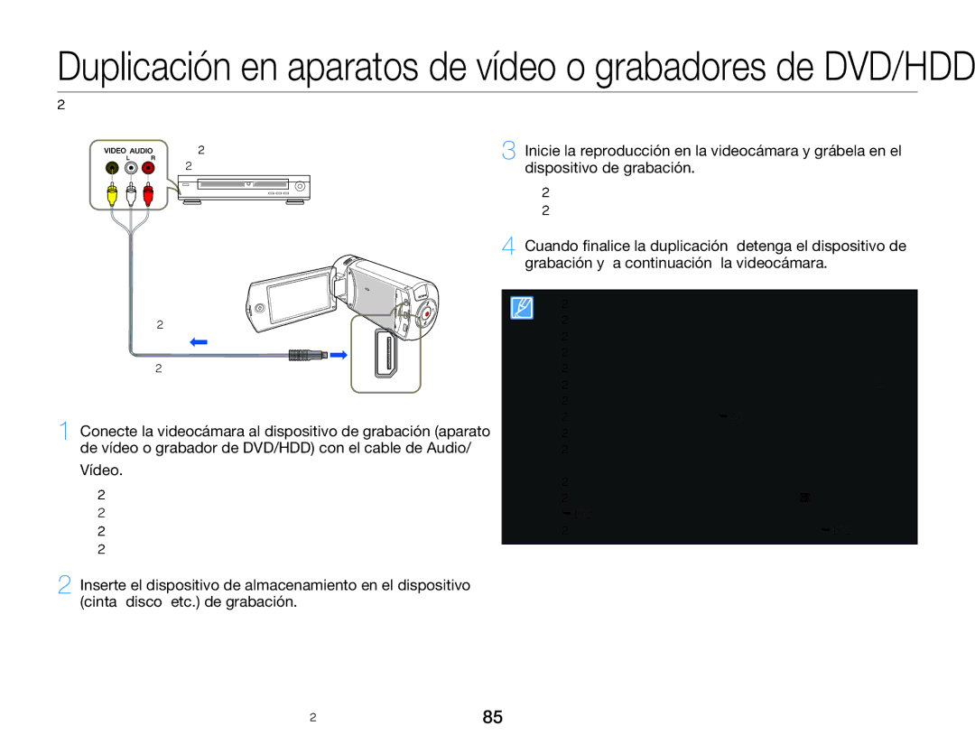 Samsung HMX-Q20BP/EDC, HMX-QF20BP/EDC manual Duplicación en aparatos de vídeo o grabadores de DVD/HDD, Vídeo 