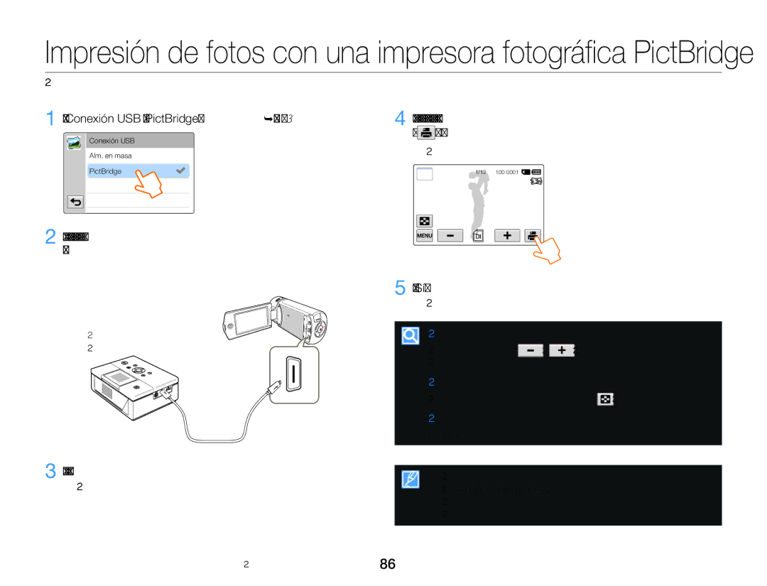 Samsung HMX-QF20BP/EDC, HMX-Q20BP/EDC manual Defina Conexión USB en PictBridge. ¬página, Encienda la impresora 