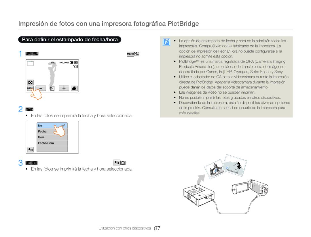 Samsung HMX-Q20BP/EDC Impresión de fotos con una impresora fotográfica PictBridge, Para definir el estampado de fecha/hora 