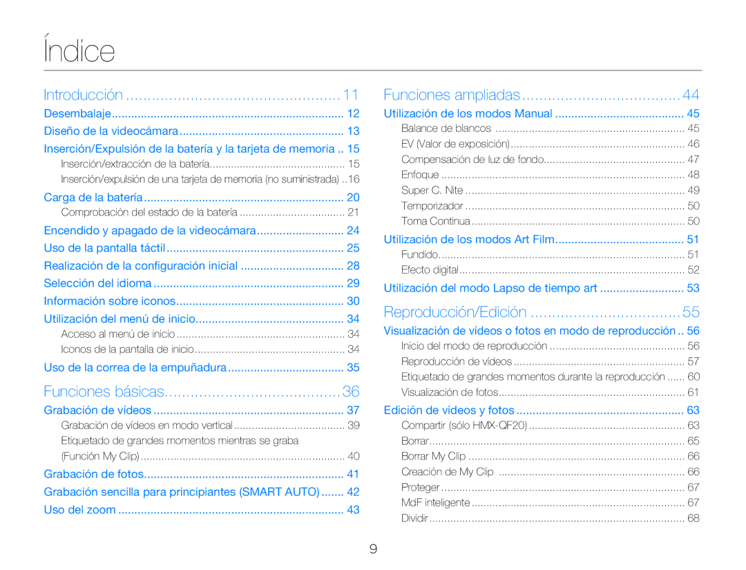 Samsung HMX-Q20BP/EDC, HMX-QF20BP/EDC manual Índice 