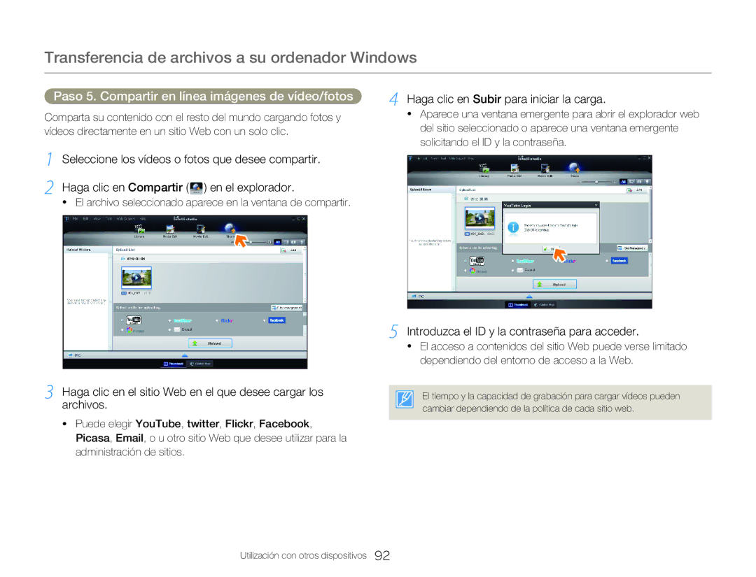 Samsung HMX-QF20BP/EDC manual Paso 5. Compartir en línea imágenes de vídeo/fotos, Haga clic en Subir para iniciar la carga 