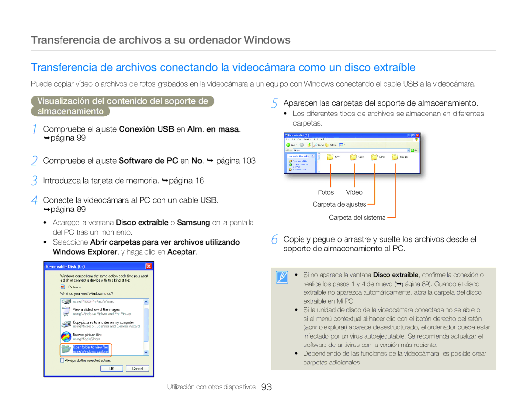 Samsung HMX-Q20BP/EDC manual Aparecen las carpetas del soporte de almacenamiento, ¬página, Soporte de almacenamiento al PC 