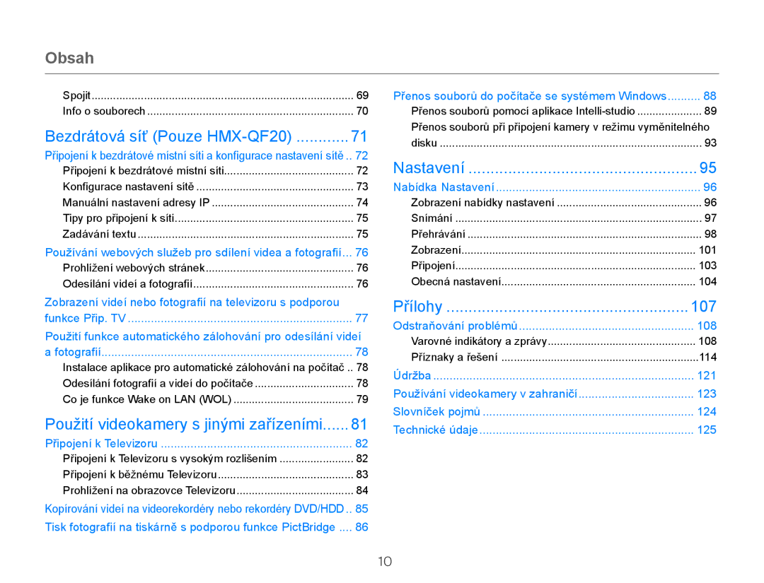 Samsung HMX-QF20BP/EDC, HMX-Q20BP/EDC Obsah, Bezdrátová síť Pouze HMX-QF20, Použití videokamery s jinými zařízeními, 107 