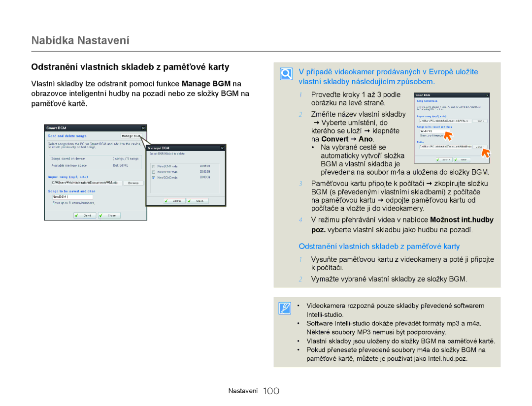 Samsung HMX-QF20BP/EDC, HMX-Q20BP/EDC manual Odstranění vlastních skladeb z paměťové karty, Změňte název vlastní skladby 