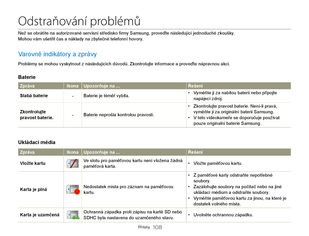 Samsung HMX-QF20BP/EDC, HMX-Q20BP/EDC manual Odstraňování problémů, Varovné indikátory a zprávy, Baterie, Ukládací média 