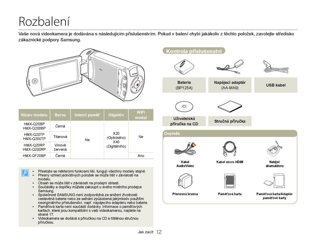 Samsung HMX-QF20BP/EDC, HMX-Q20BP/EDC manual Rozbalení, Kontrola příslušenství, Baterie Napájecí adaptér USB kabel 