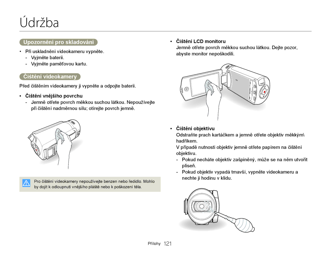 Samsung HMX-Q20BP/EDC, HMX-QF20BP/EDC manual Údržba, Upozornění pro skladování, Čištění videokamery 