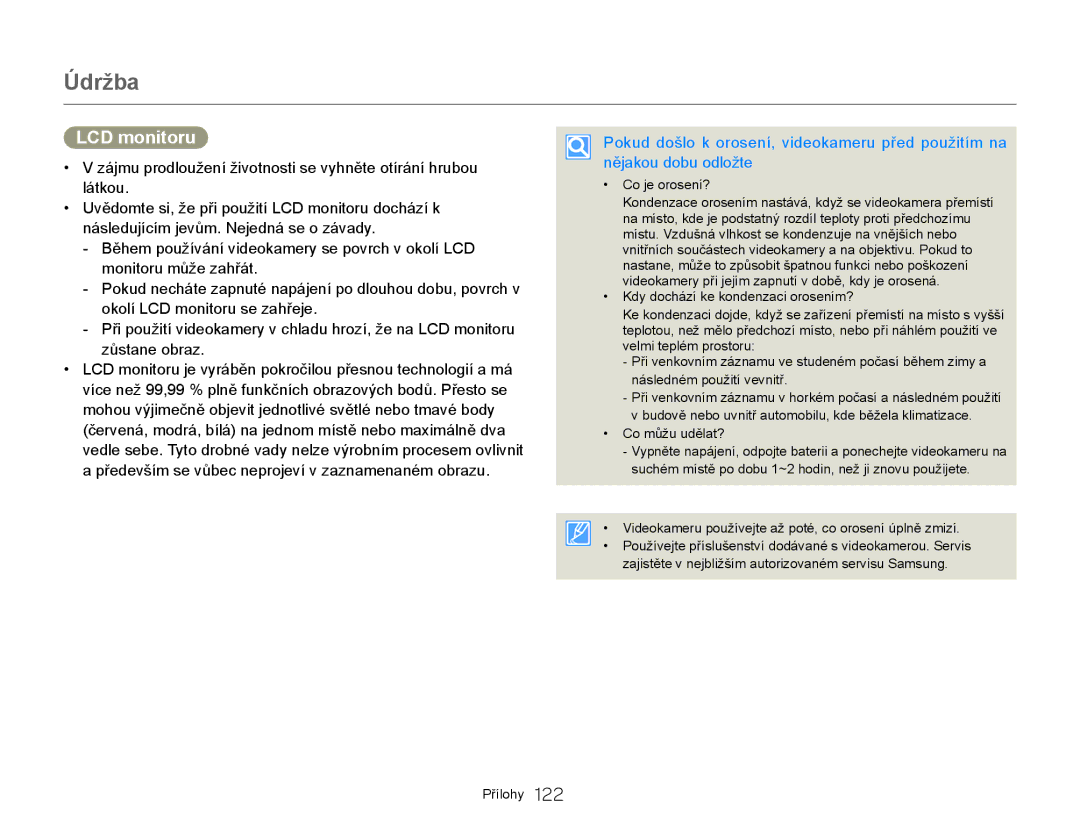 Samsung HMX-QF20BP/EDC, HMX-Q20BP/EDC manual Údržba, LCD monitoru 