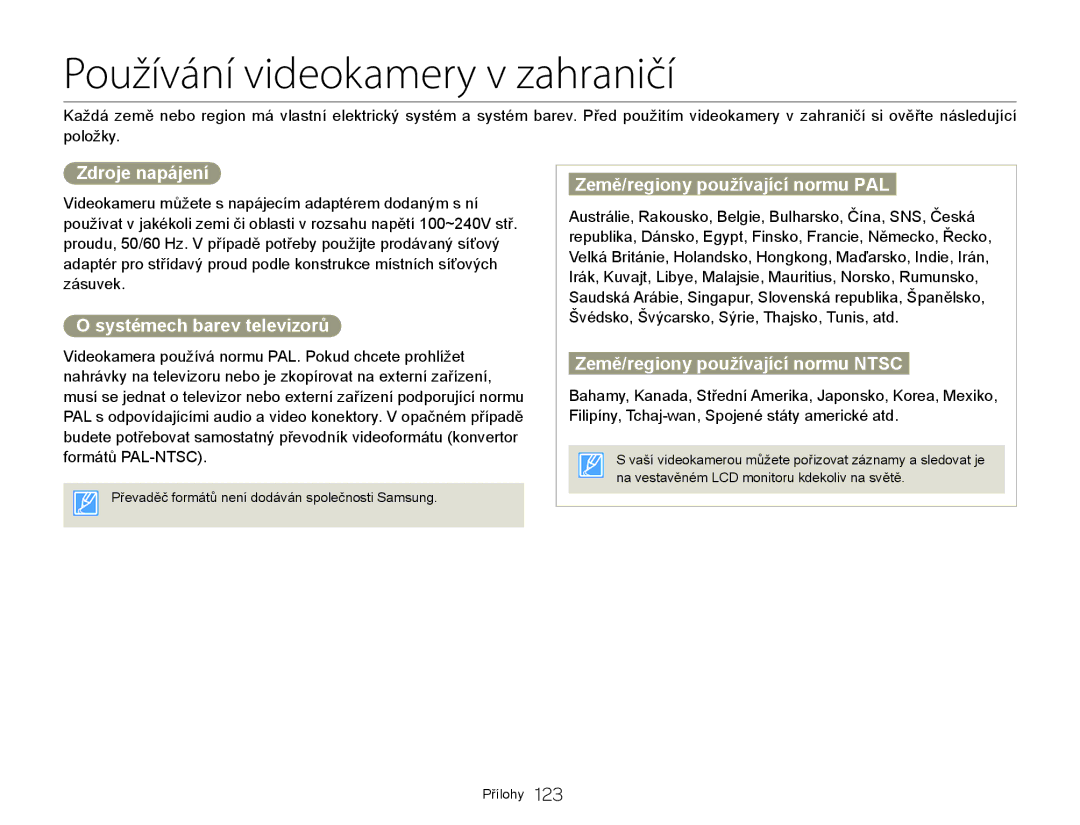 Samsung HMX-Q20BP/EDC, HMX-QF20BP/EDC manual Používání videokamery v zahraničí, Zdroje napájení, Systémech barev televizorů 