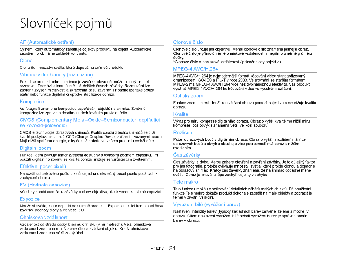 Samsung HMX-QF20BP/EDC, HMX-Q20BP/EDC manual Slovníček pojmů, AF Automatické ostření 