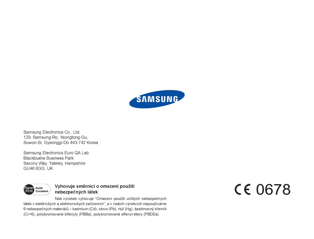 Samsung HMX-QF20BP/EDC, HMX-Q20BP/EDC manual Vyhovuje směrnici o omezení použití nebezpečných látek 