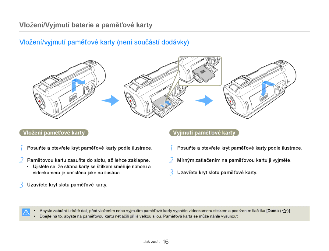 Samsung HMX-QF20BP/EDC Vložení/Vyjmutí baterie a paměťové karty, Vložení/vyjmutí paměťové karty není součástí dodávky 
