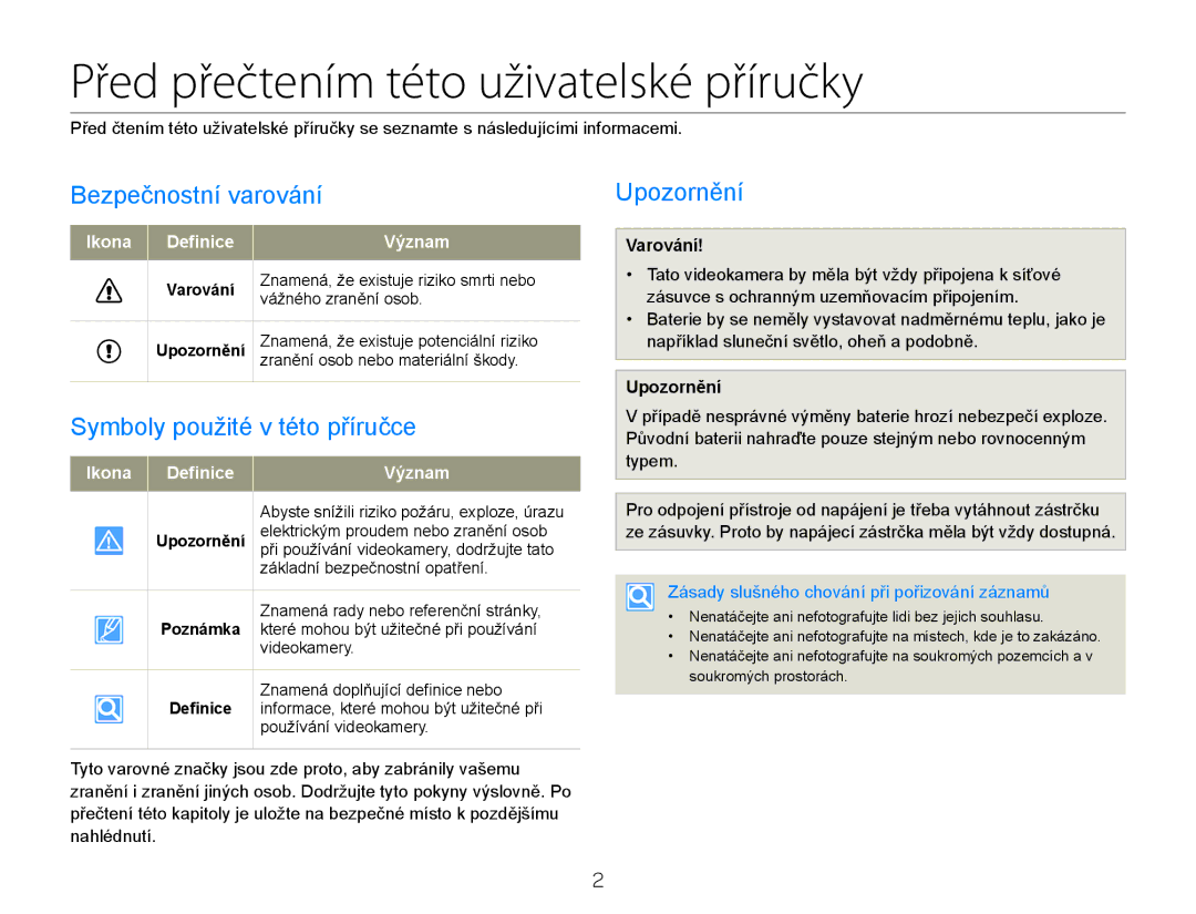 Samsung HMX-QF20BP/EDC Před přečtením této uživatelské příručky, Bezpečnostní varování, Symboly použité v této příručce 