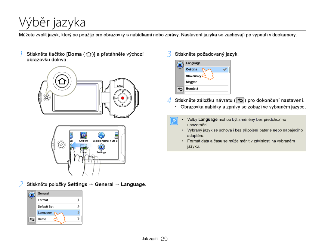 Samsung HMX-Q20BP/EDC manual Výběr jazyka, Stiskněte požadovaný jazyk, Stiskněte záložku návratu pro dokončení nastavení 